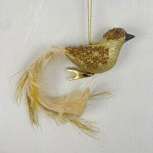 Christmas Ornament Bird Gold Glitter Long Feather Tail Clip On Holiday Tree
